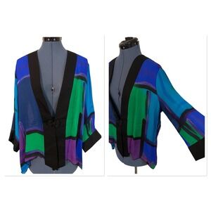 Simply Silk Geometric Colorblock Artsy Sheer Silk Kimono Jacket Frog Button M